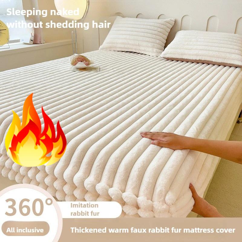 1PC Solid Color Thick Faux Rabbit Fur Mattress Cover Autumn Winter Warm Velvet Mattress Protector Fluffy Soft Plush Fitted Bed Sheet