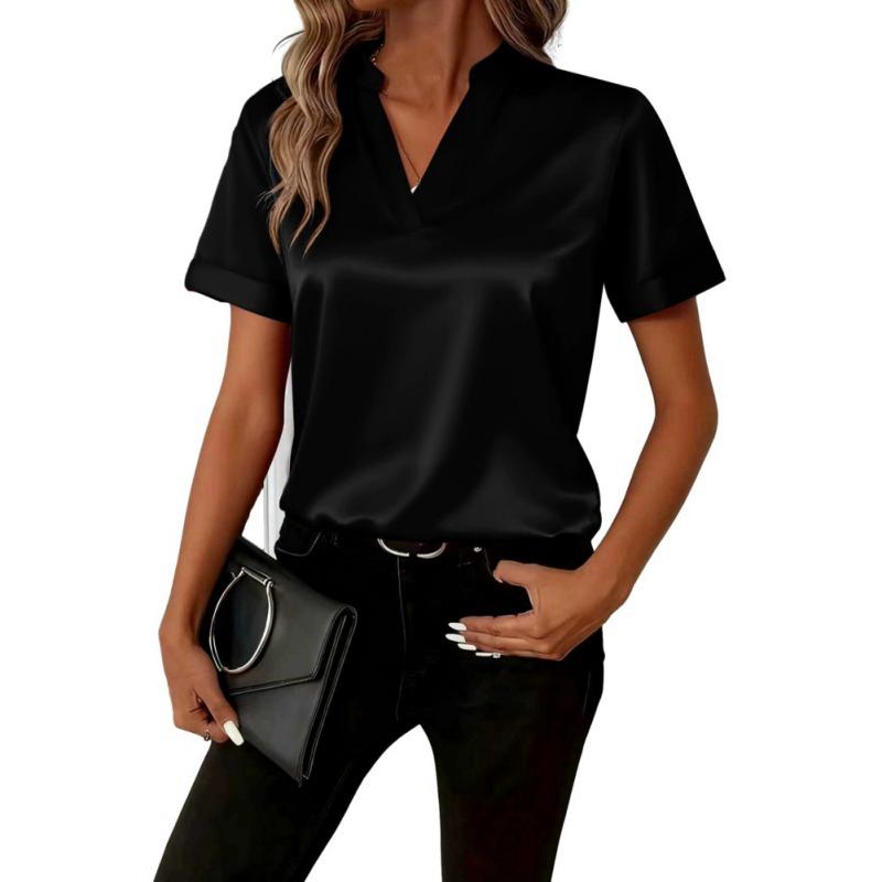 Women's V Neck Satin Top Short Sleeve Shirt