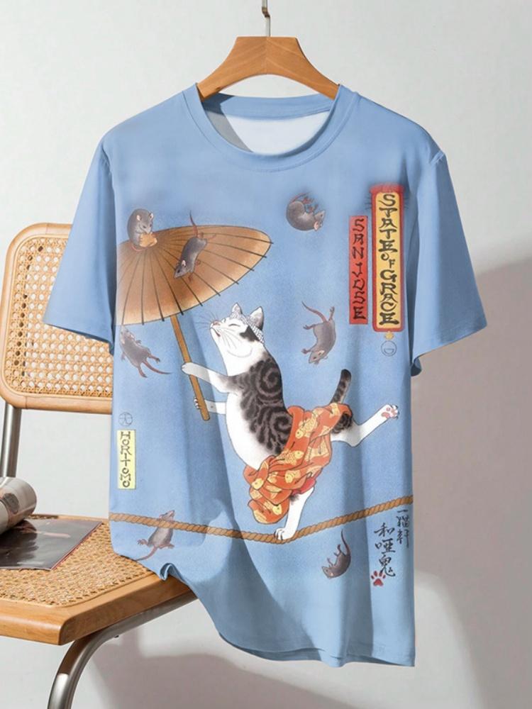 Japanese Ukiyo-e Animal Men's T-shirt with Cute Cat Pattern Print