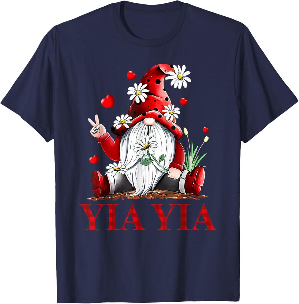 Yia Yia Gnome Daisy Peace Sign Love Valentine Matching Graphic Tee Casual Short Sleeve T-Shirt