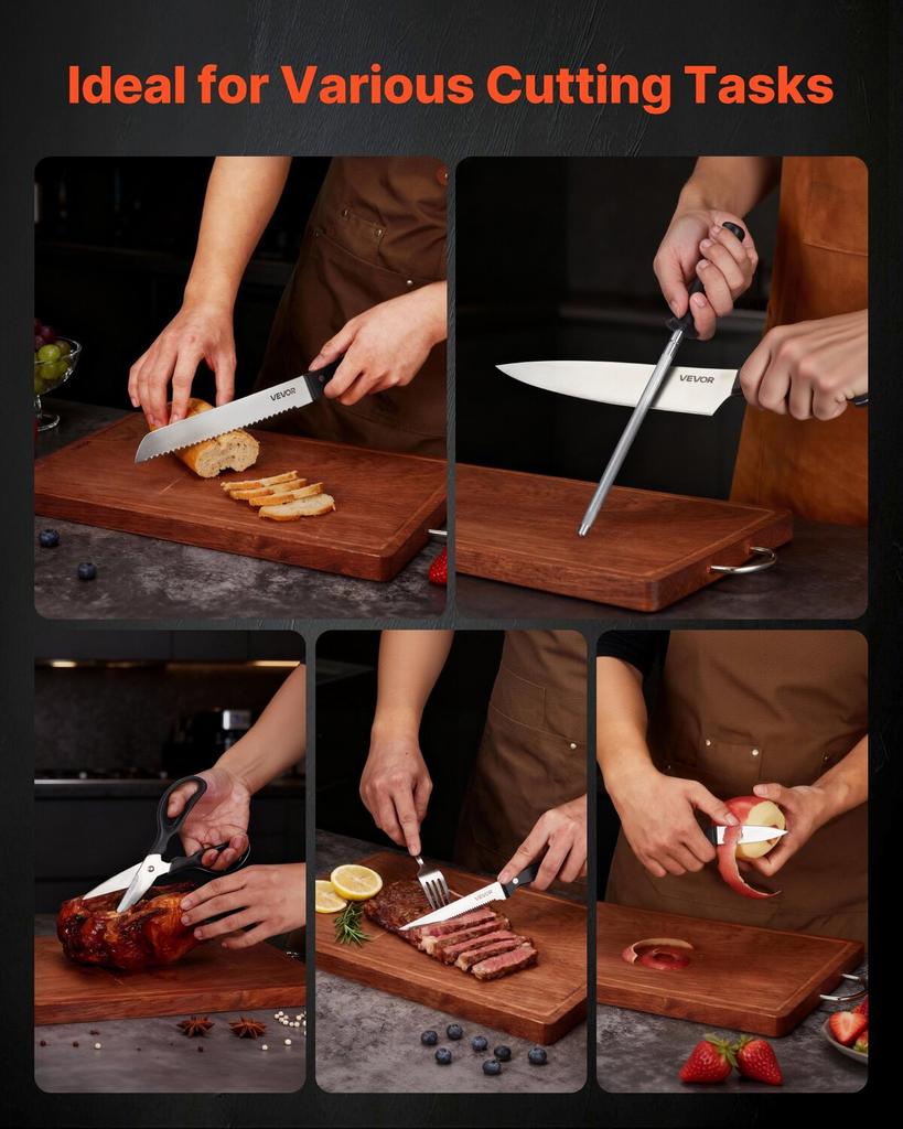 Kitchen Knife Set with Block and Sharpener, 15 Piece German High Carbon Stainless Steel Knife Set, Kitchen Cutlery with ABS Ergonomic Handle,
