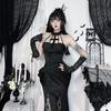 Y2K Goth Cross Lace See Through Flared Sleeve Club Dresses Vintage Punk Elegant Lace-up Maxi Dress Halloween