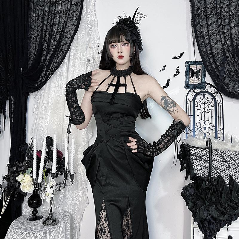 Y2K Goth Cross Lace See Through Flared Sleeve Club Dresses Vintage Punk Elegant Lace-up Maxi Dress Halloween