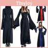 Enchanting Women Gothic Hooded Witch Wizard Dress With Flared Sleeves And Lace Up Design