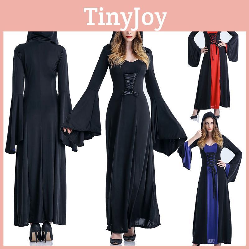 Enchanting Women Gothic Hooded Witch Wizard Dress With Flared Sleeves And Lace Up Design