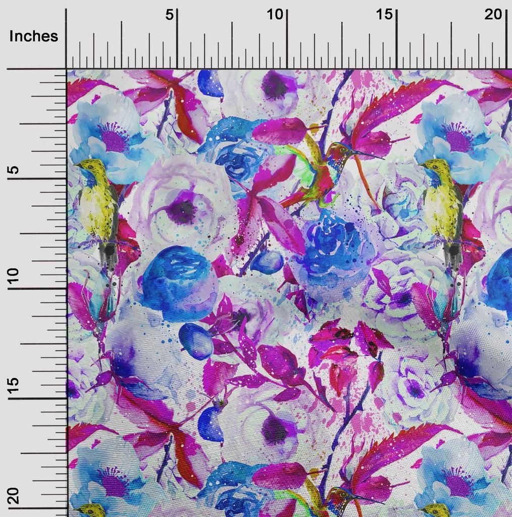 oneOone Cotton Flex Pink Fabric Bird & Floral Watercolor Sewing Craft Projects Fabric Prints By Yard 40 Inch