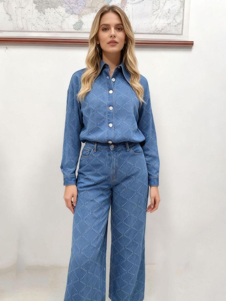Ensemble en jean à manches longues pour femmes européennes et américaines: Pantalon décontracté large et ample et chemise en jean