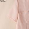 VONDA Elegant Women Short Sleeve Texture Hem Patchwork Buttons Casual Cropped Blouse Tops