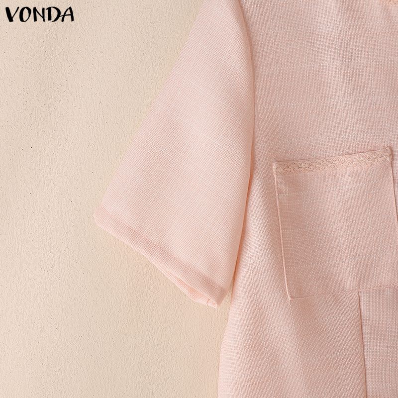 VONDA Elegant Women Short Sleeve Texture Hem Patchwork Buttons Casual Cropped Blouse Tops