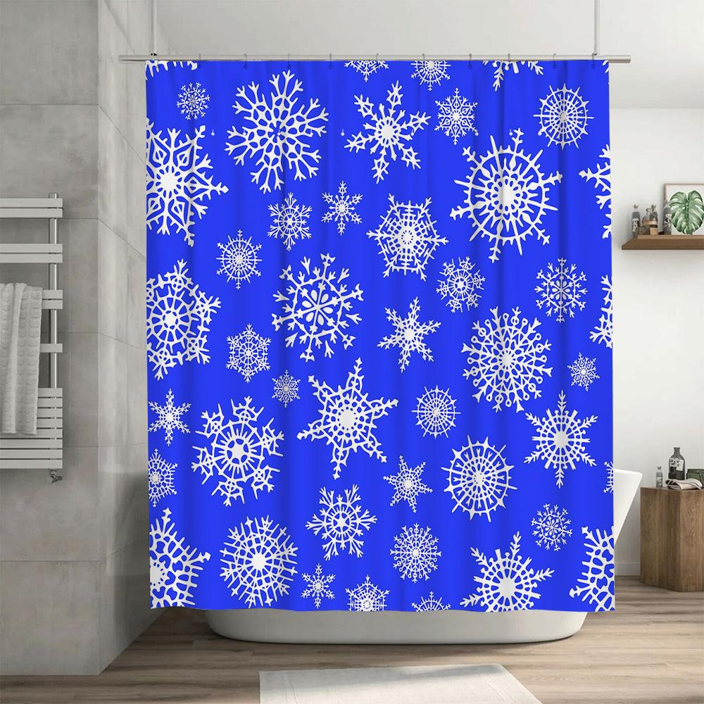 Snowflake Shower Curtain Blue White Bathroom Decor Winter Christmas Print Waterproof Washable Polyester Fabric Decoration Shiny