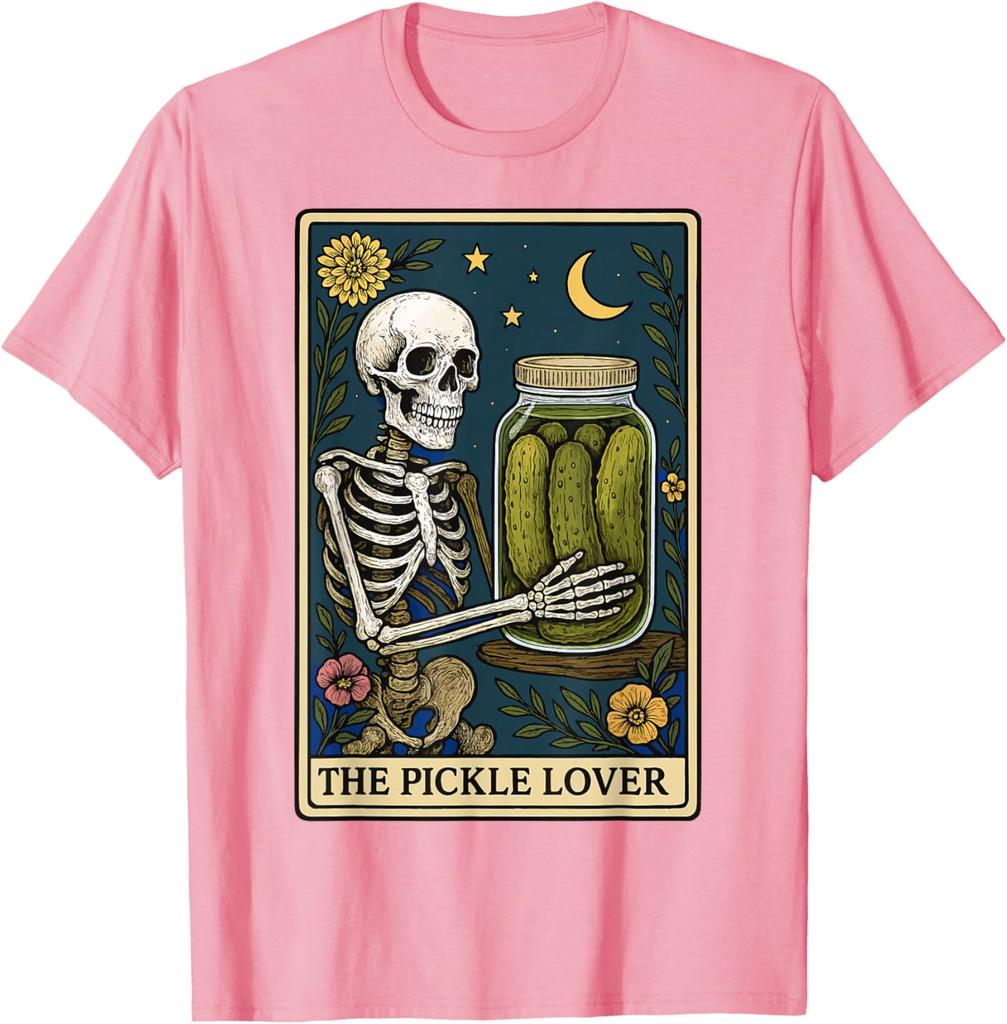 Skeleton Holding Pickle Jar Tarot Card Graphic Print Cotton Casual T-Shirt for Men Trip