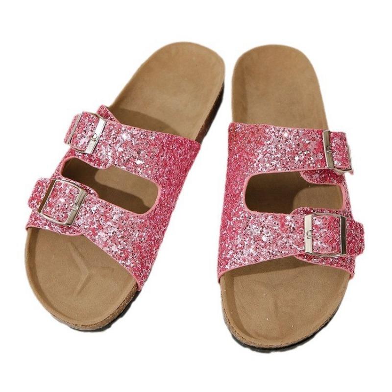 Cool slippers women's new large-size sequined one-word buckle women's slippers