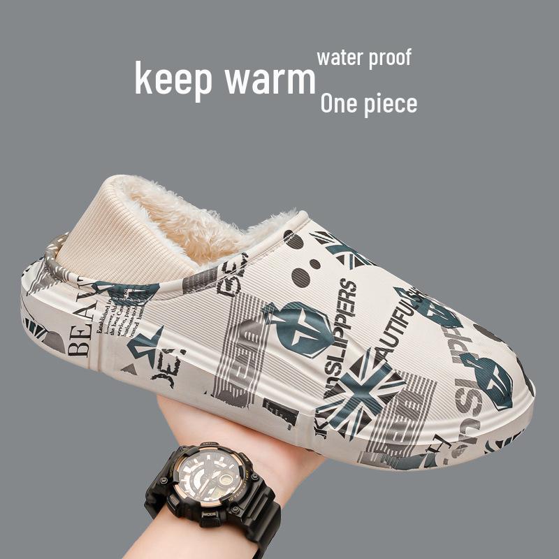 Men's Winter Waterproof Fleece-Lined Cotton Slippers - Plus Size, Dual-Use, Wrap-Heel, Half-Slippers for Outdoor & Home Use