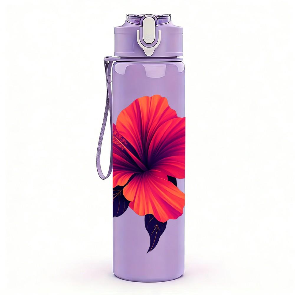 1PC Red Hibiscus Flower Illustration 750ml Color Plastic Sports Water Bottle Leakproof Flip Straw Lid Suitable for Sports Office Home Use