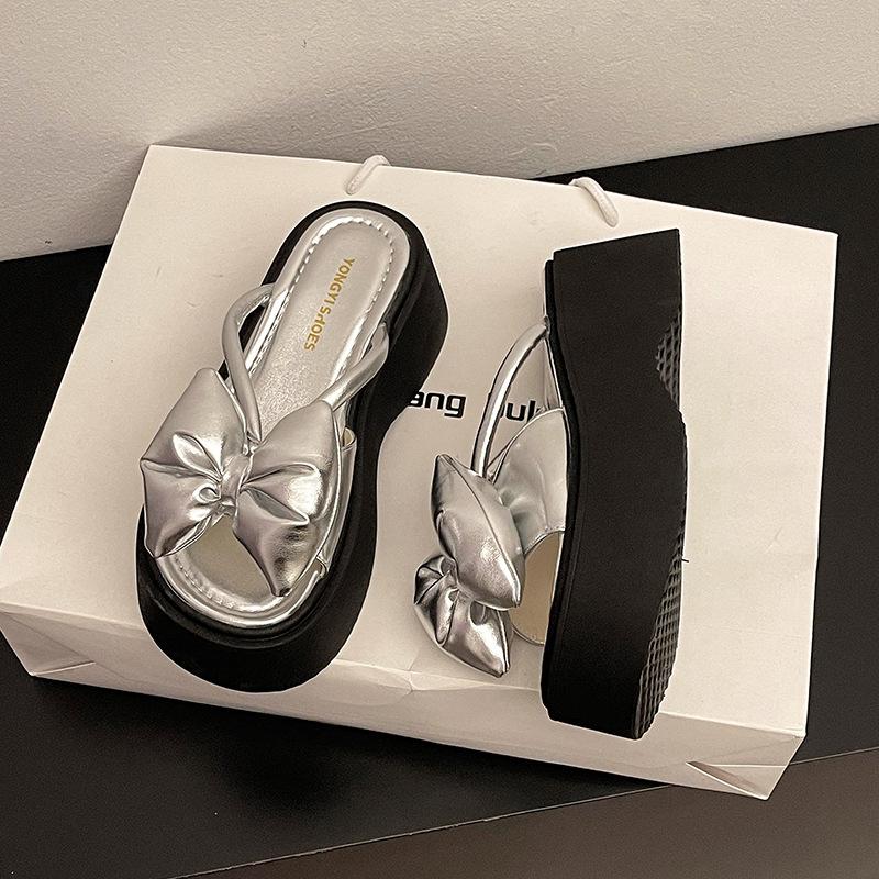 2025 Summer New Fairy Style Bow Gentle Platform Sandals Women Wear Fashionable Versatile One-word Cool Slippers