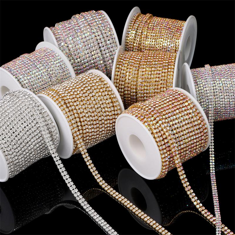 1 Yard 2 Reihen 1 Reihe Kristall Strass Kette Aufnähen Aufkleben Perlen Besatz Kupfer Kette Für Kleidung DIY Schmuckherstellung Zubehör