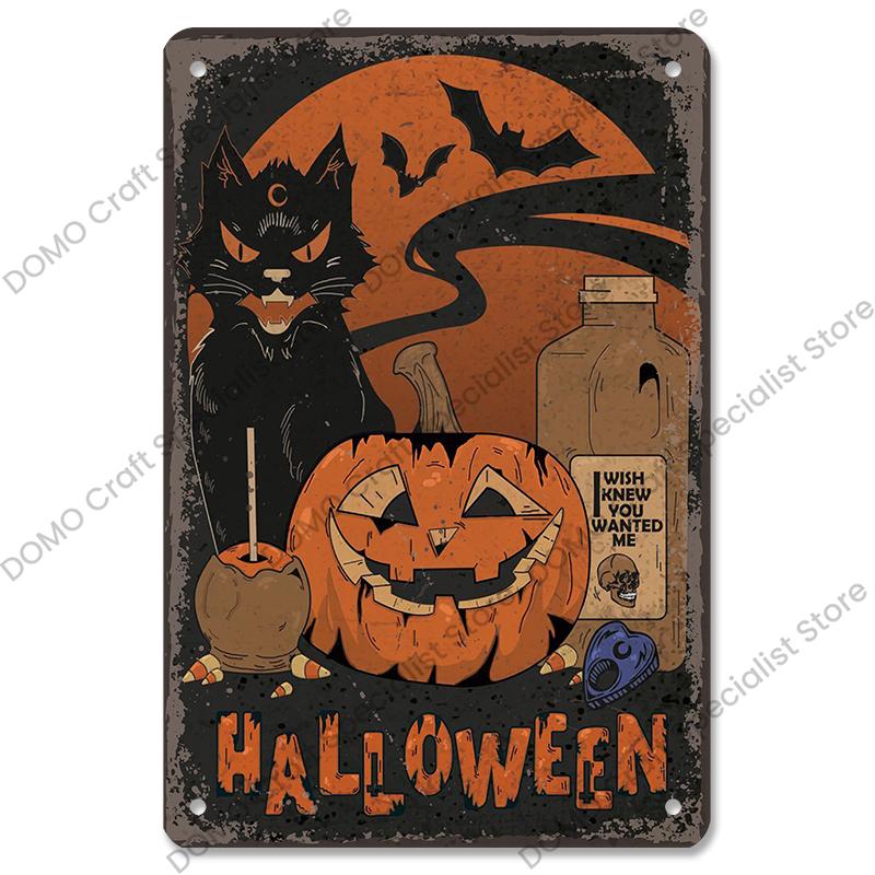 Happy Halloween Retro Poster Metal Plate Jack-O-Lantern Black Cat Witch Metal Tin Signs Vintage Halloween Party Living Room Home