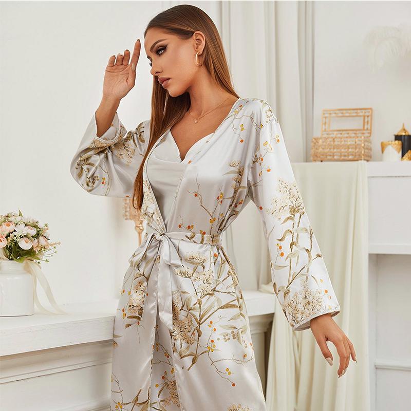 Women's Four Seasons Robe Pyjamas Set Nightdress Two-piece Set Gown Thin Style Outer Wear Medium Long Style Sleepwear Shawls