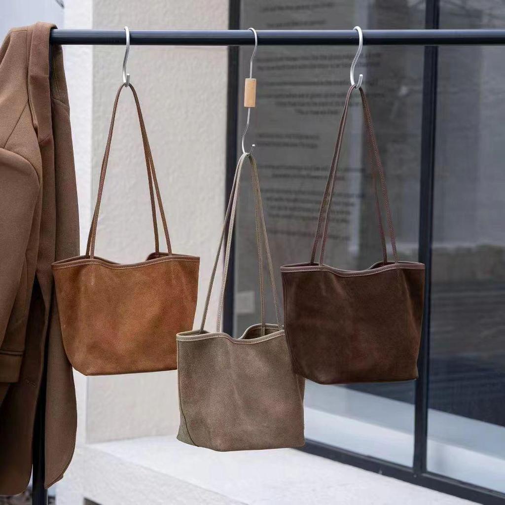 2025 Autumn/Winter Women's Genuine Leather Suede Tote - Large Capacity Bucket Bag