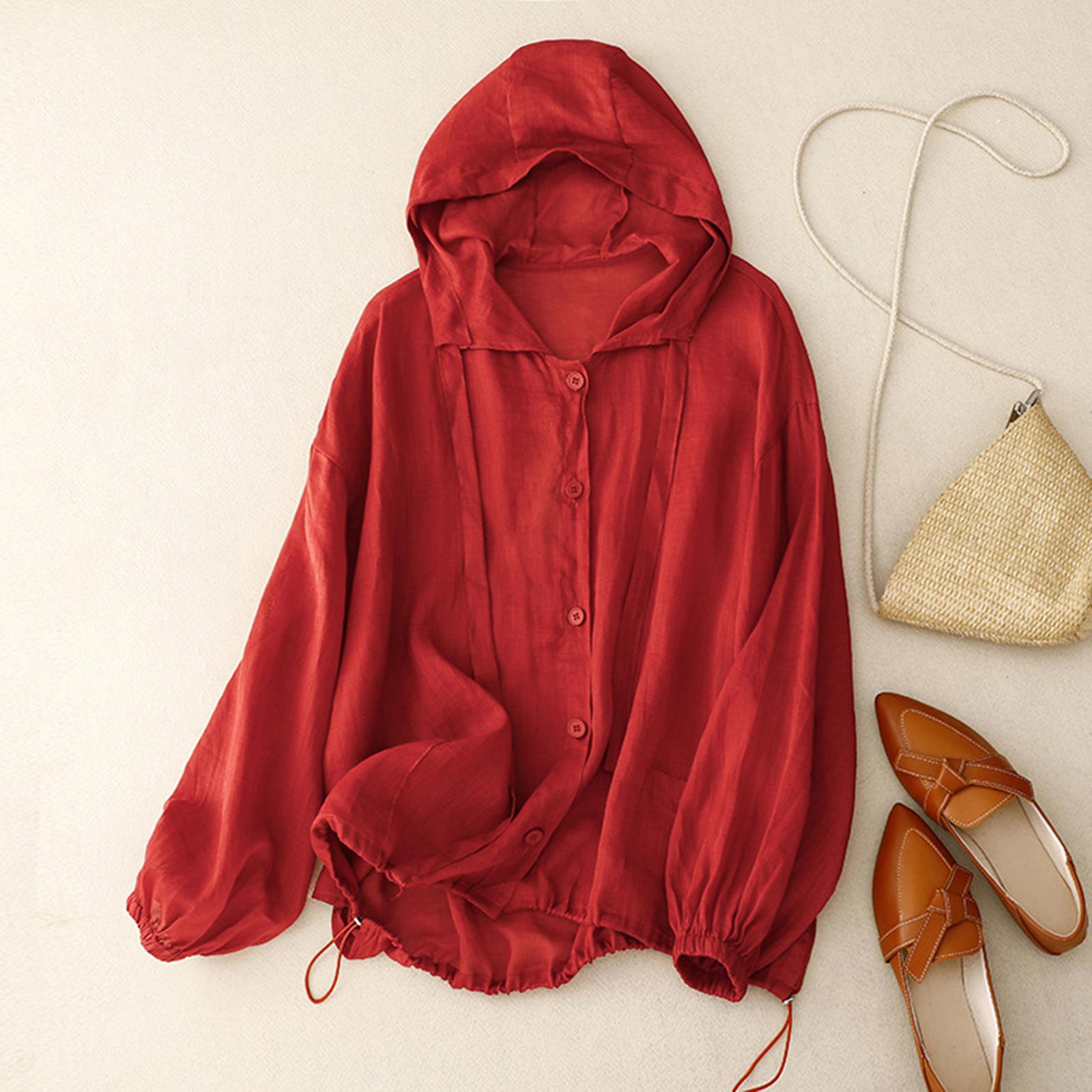 

Women s Lightweight Hooded Sun Protection Jacket Long Sleeve Button Front Loose Fit Casual Outdoor Shirt with Elastic Cuffs L червоний