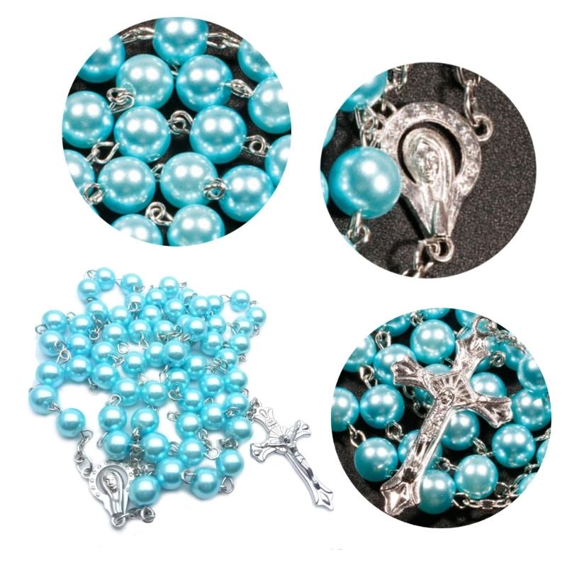 Elegant Rosary Beads Necklace Cross Pendant Charm Neck Chain Long Pray Chains 8mm Beads Neckband Religious Jewelry