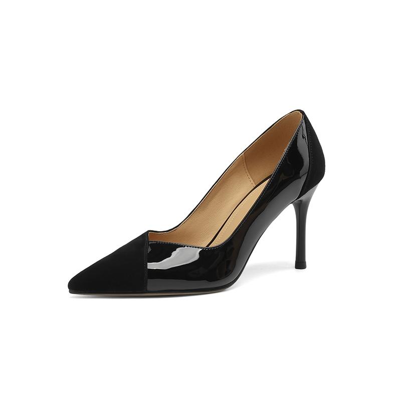 Fashion Women's new pointed leather patent leather color blocked temperament sexy slim heel high-heeled plus size work shoes
