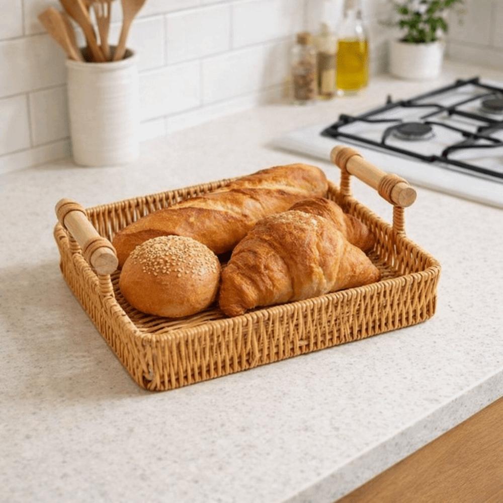 Plastic Imitation Rattan Storage Basket Rectangular Handmade Food Serving Tray with Wooden Handle Space Saving
