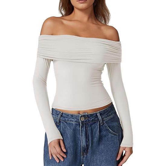 European and American Women's One-Shoulder Long-Sleeve Milk Silk T-Shirt - Elegant and Stylish Design