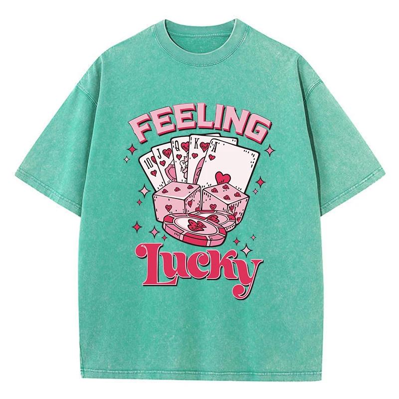 Feeling Lucky Cotton Washed T-Shirts Womens Poker Dice Printed Tops Comfortable O-Neck Oversize T Shirts Woman Clothes
