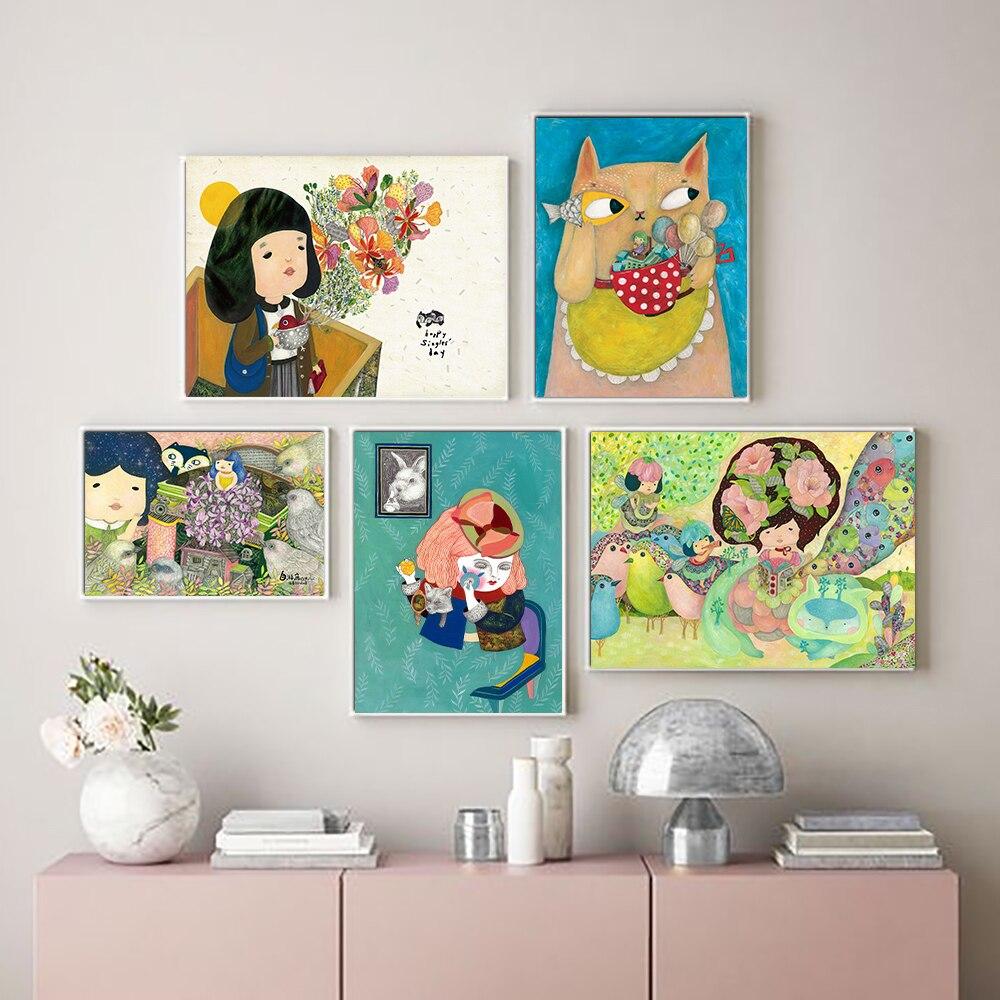Buy Cute Little Girl Canvas Painting Abstract Cartoon Animals Posters