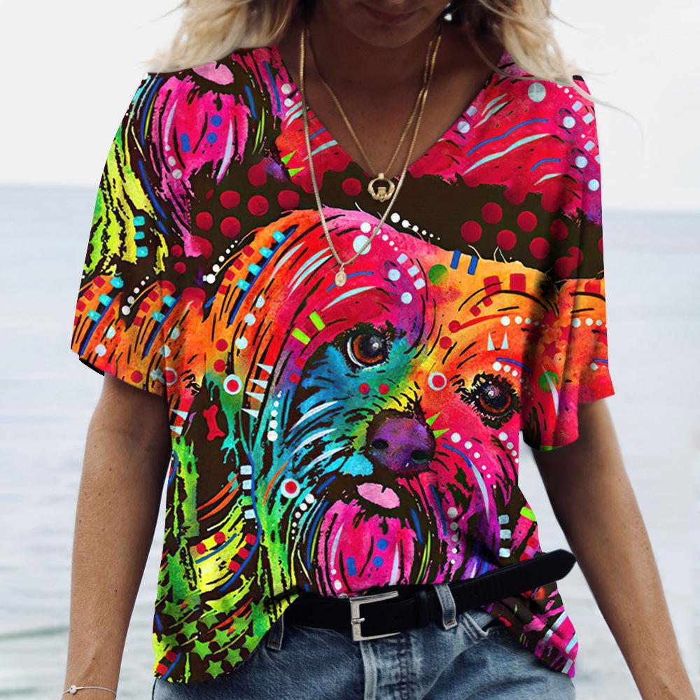 Summer V-neck 3D Dog Printed Top Fashionable Casual Short Sleeved Women's T-shirts