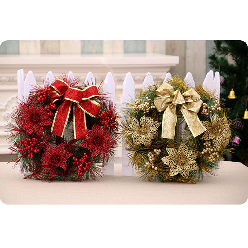 Christmas Wreath With Lamp Bow Ball Big Red Flower Navidad Party Wall Door Window Fireplace Staircase Balcony Garden Wreath