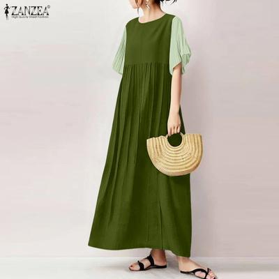 Women Casual Round Neck Splice Short Sleeve Summer Long Dress