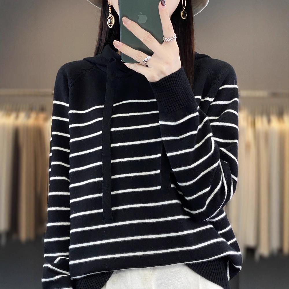 DAFIFY Women's Fashion Casual Fall Winter Stripe Print Long Sleeve Hooded Sweaters
