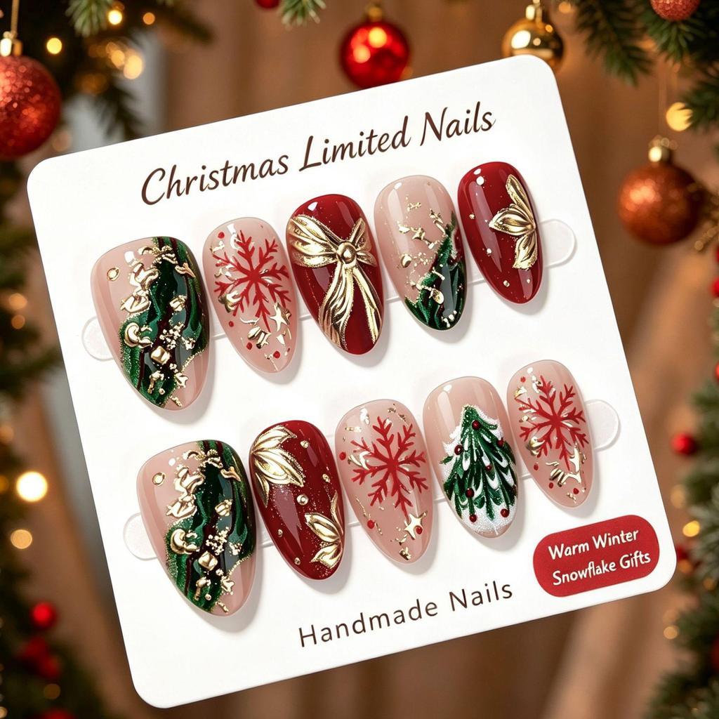 Unhas Postiças de Amêndoa para o Natal 30 Peças, Design de Árvore de Natal com Flocos de Neve Dourados, Unhas Postiças Francesas Reutilizáveis, Arte de Unhas Vestível para o Natal