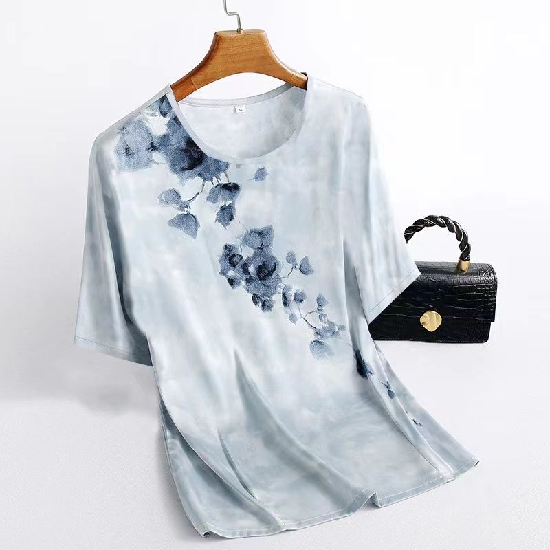 Ice Silk Short Sleeved T-shirt Women's Summer Printed Base Shirt Plus Size Top