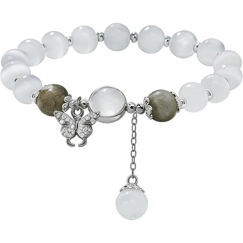 Ladies' Crystal Bracelet, Cat's Eye Stone Bracelet, Gray Moonstone, Labrador Butterfly Charm Bracelet, Jewelry