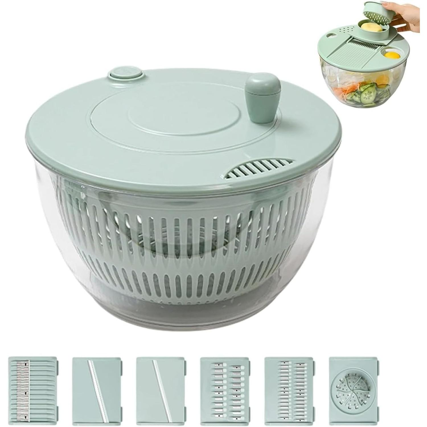 

New Large Capacity Multi-Function Salad Spinner,One-Hand Pump Lettuce Spinner with Slicer and Vegetable Grater,Clear Serving Bowl with Quick Stop X2