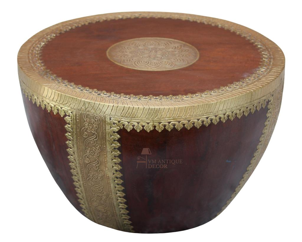 Wooden Solid Handicrafted Brass Embossed Drum Coffee Table Brass Center Table with Intricate Carvings Style , Embellished Round Side Table