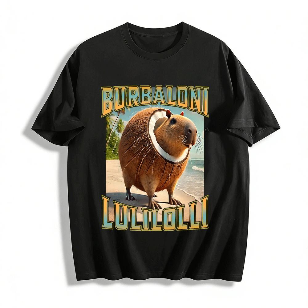 Cute Coconut Capybara Print Casual Beach Vacation T-Shirt Pure cotton T-shirt XXS