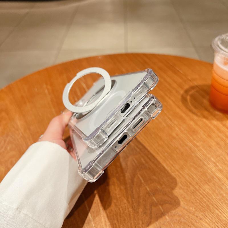 Compatible Samsung Transparent Phone Case with Rotating Bracket, MagSafe, and Four-Corner Drop Protection for A57, A35, and A54.
