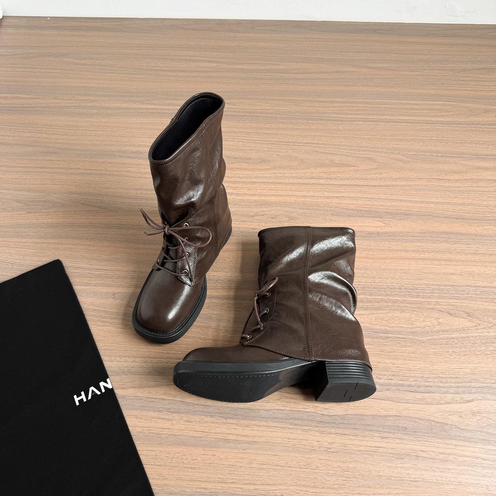 New retro British Martin boots women's splicing pile medium boots thick heel thick sole knight boots pant tube boots