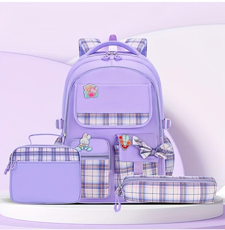 Bow Plaid Girls School Bag 3-Piece Set Backpack with Lunch Bag Pen Case Pink