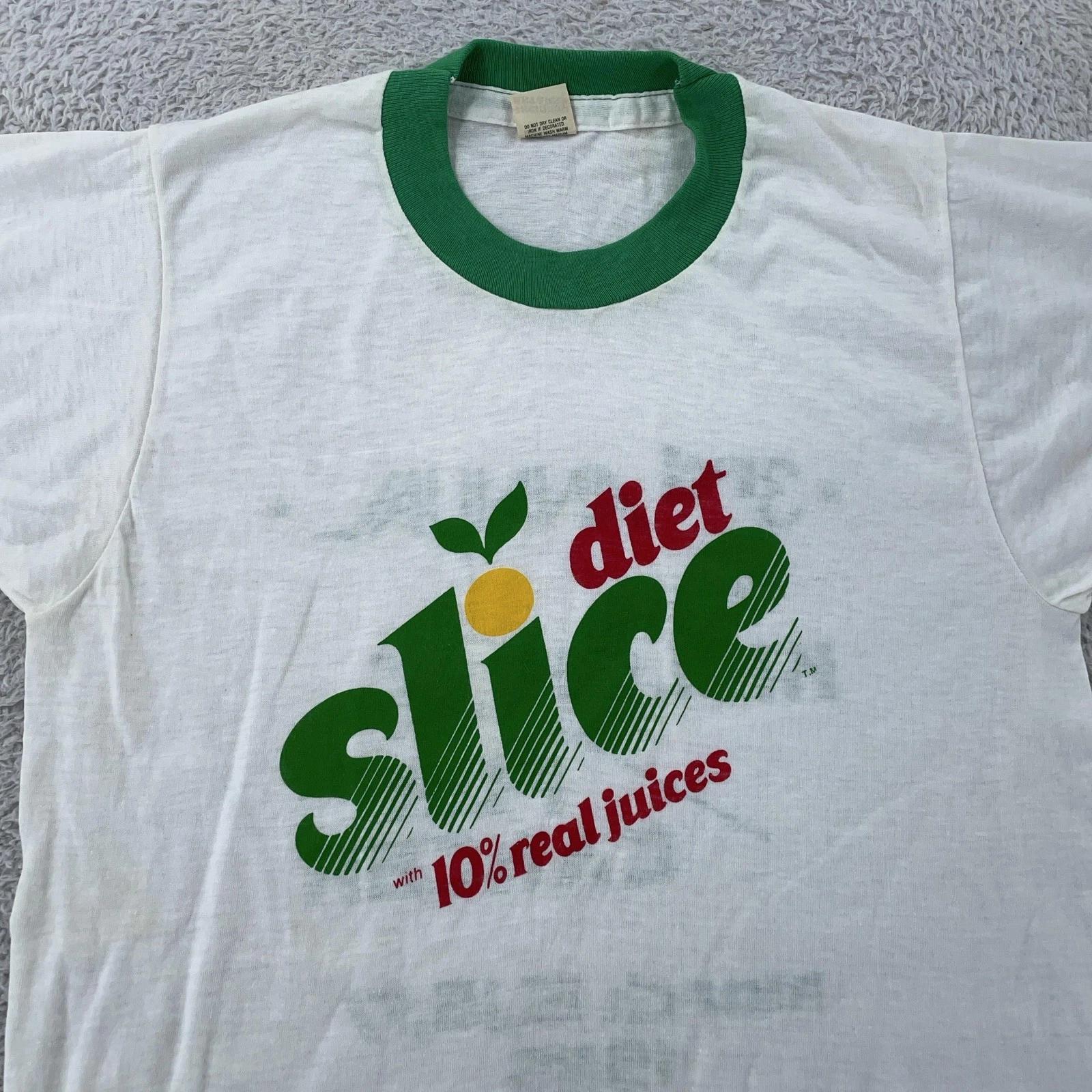 

Vintage 1985 Diet Slice Ringer T-Shirt Mens XS White Green Made USA Soda Pop 80s S