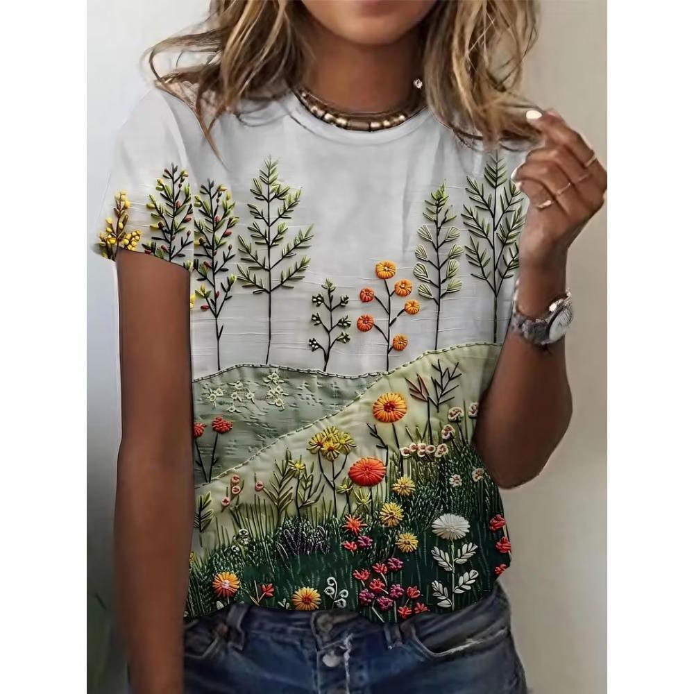 

3D Printed T-shirt for Women, Retro Artistic Imitation Embroidery Texture XS