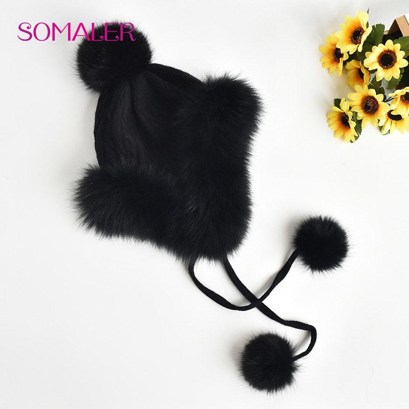 SOMALER Winter Knit Real Fur Hats for Women Real Fox Fur Earflap Cap with Fur Pom Pom Warm Knitted Ear Protection Beanies