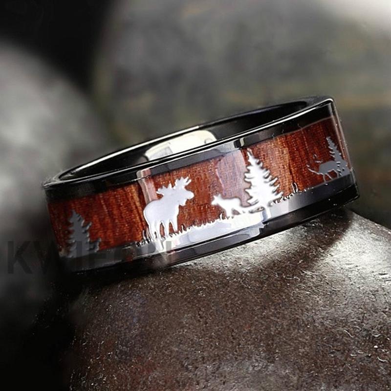 8mm Herren Schwarzer Wolfram Ehering Jagdringe Holzintarsie Hirschgeweih Silhouette Verlobungsring Herren Ehering