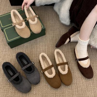 2025 New Retro Mao Mao Shoes One-word Buckle with Round Head Fleece Warm Flat Mary Jane Shoes Shallow Single Shoes Women