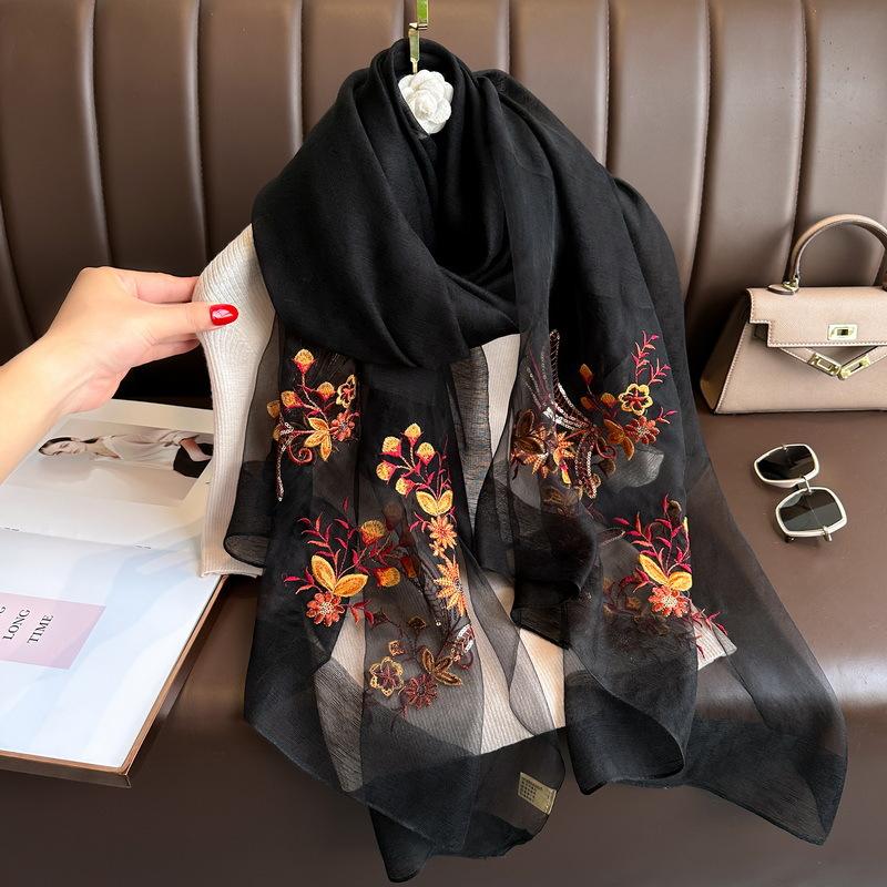 Embroidery Floral silk wool scarf Shawls and Wraps for Women High Quality Foulard Luxury Brand Hijab New Lady Pashmina Scarves