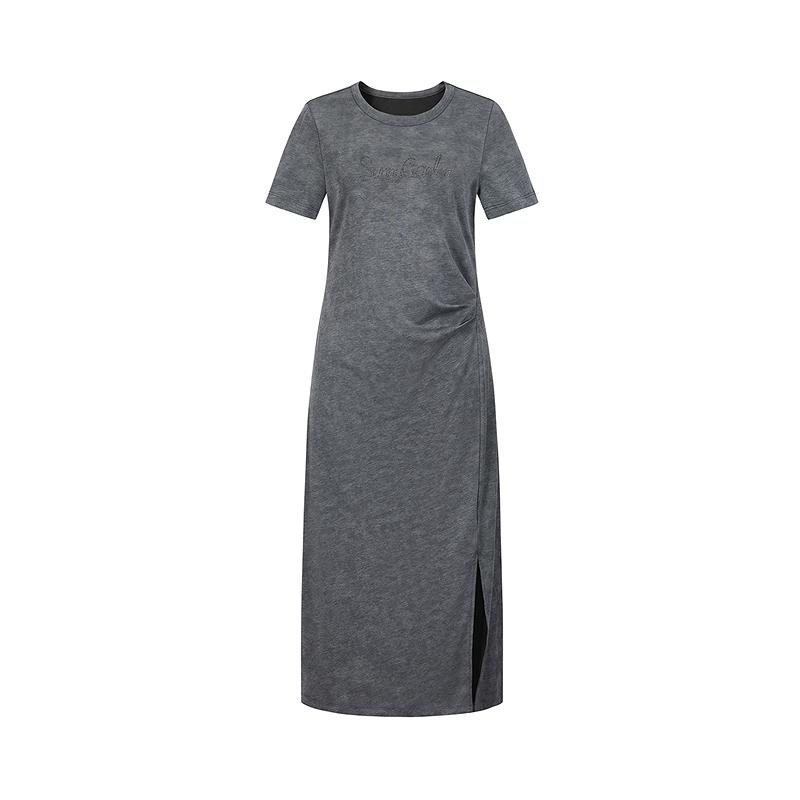 Jiuzi Anna Kou American Casual Age Reducing Hot Stamping Diamond Waist Slimming Loose Dress for Women 2025 Summer New Style